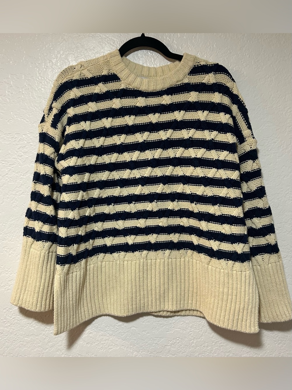 Madewell Cream and Navy Striped Knit Crewneck Sweater